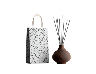 Paper shopping bag with black spots and vase isolated on transparent background