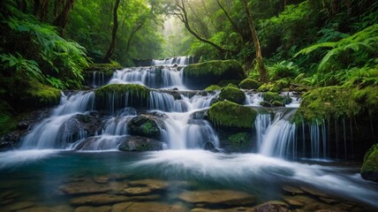 Naklejka premium Breathtaking view of a serene forest waterfall cascading over mossy rocks in a lush, green landscape.