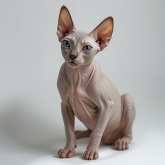A unique sphynx cat with striking blue eyes, showcasing its hairless body and expressive features.