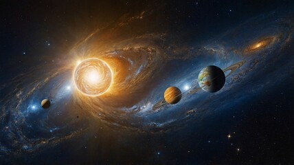 Obraz premium A breathtaking cosmic scene showcasing the sun and a lineup of planets in a vibrant galaxy.