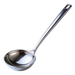 Stainless steel kitchen ladle with a deep bowl, isolated on white background
