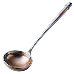A polished metal soup ladle with a wooden handle, isolated on white background, perfect for serving hot liquids in any kitchen setting