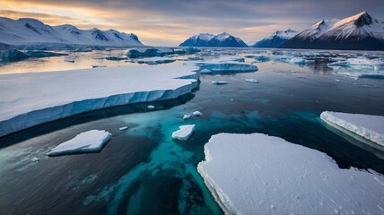 A breathtaking view of icy landscapes and tranquil waters at dusk, showcasing the beauty of glacial regions.