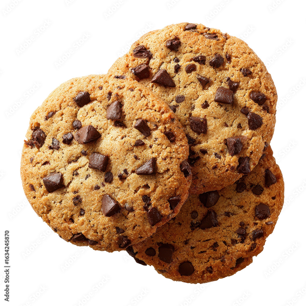 Poster freshly baked chocolate chip cookies arranged in a tempting stack on a rustic surface