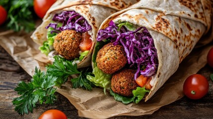 Fresh Falafel Wrap with Vegetables and Cherry Tomatoes on Wood