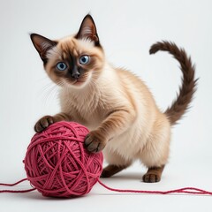 Cute feline playing with a vibrant red yarn ball against a simple backdrop, showcasing playful cat energy.