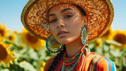 Woman in straw hat poses in sunflower field on a sunny day.