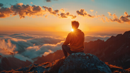 Obraz premium Person atop mountain gazing at sunrise over clouds. Nature, reflection, and serenity in golden light.