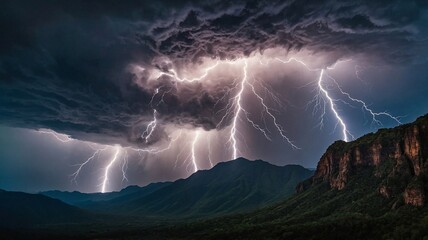 Dramatic thunderstorm illuminating the sky with lightning over majestic mountains.