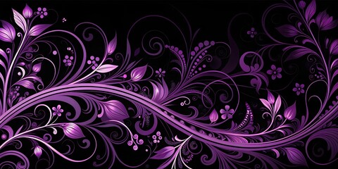 Elegant purple floral vine pattern with intricate swirls on black background