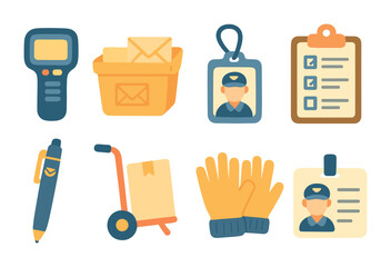 Postal Work Tools. Flat vector mini-illustrations of postal worker tools in colors children's illustrations: