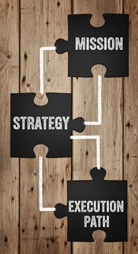 Puzzle Pieces Representing Mission, Strategy, and Execution Path