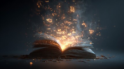 An open book emits glowing letters and light, symbolizing knowledge and magic