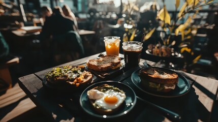 Morning Brunch with Delicious Sandwiches and Refreshing Drinks