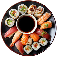 Assorted sushi platter with soy sauce and ginger isolated on transparent background