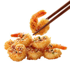 Crispy shrimp coated with sesame seeds served with chopsticks ready to eat