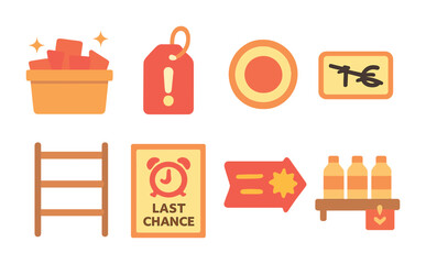 Colorful Clearance Icons. Flat vector mini-illustrations of clearance sales in colors children's illustrations