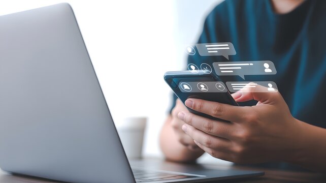 Digital Communication: A person engrossed in digital interactions, managing messages on a smartphone alongside a laptop, in a modern, clean-cut aesthetic.