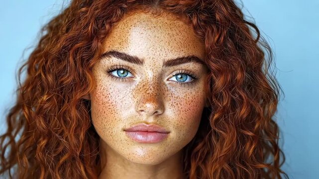 Close-up portrait of a young woman with curly red hair and striking freckles