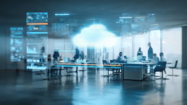 Cloud computing technology, data analytics, and artificial intelligence in modern office with diverse professionals collaborating, futuristic digital interface, innovation and teamwork