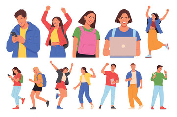 Fototapeta premium Colorful vector illustration of diverse people in dynamic poses – walking, cheering, using devices, and carrying backpacks in casual style