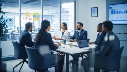 Generated image Around the boardroom table. Cropped shot of a large group of corporate businesspeople