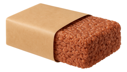 A block of raw ground beef wrapped in brown paper, showcasing a textured surface and rectangular shape.