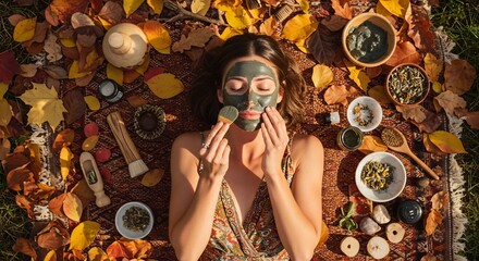 Woman applies mud mask surrounded by autumn leaves and skincare items on a patterned blanket
