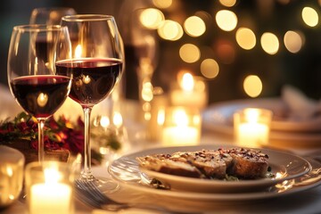 Pasta and steak meal on cozy candlelit table
