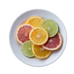 A vibrant display of assorted citrus fruit slices, including grapefruit, orange, lemon, and lime, arranged neatly on a white plate, perfect for healthy eating inspiration.