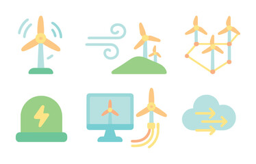 Wind Energy Icons. Flat vector mini-illustrations of wind energy networks in colors children's illustrations: