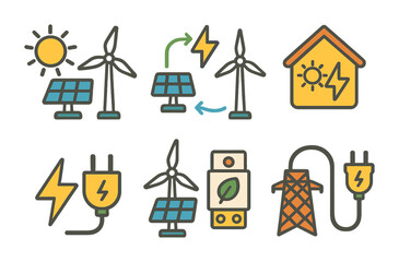 Hybrid Energy Icons. Flat vector mini-illustrations of hybrid energy grids in colors children's illustrations: