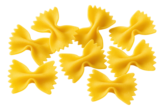Close-up of uncooked farfalle pasta pieces with a distinct bow-tie shape displayed together.