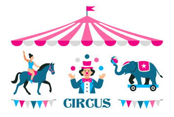 Circus, Festival. World Circus Day. Welcome Carnival. Circus Tent, Flags, Elephant with a Ball, Horse with Acrobat, Juggling Clown. Characters, people and animals performing stunts in circus. Vector i
