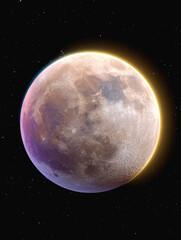 Obraz premium Fantasy full moon shining with ethereal glow in colorful space surrounded by tiny stars and nebula details