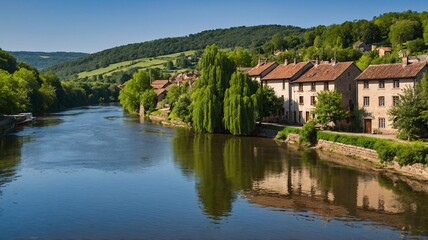 Serene riverside view with charming houses and lush greenery reflecting on the tranquil water.
