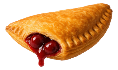 Golden-brown cherry pie with flaky pastry crust and sweet cherry filling oozing out.