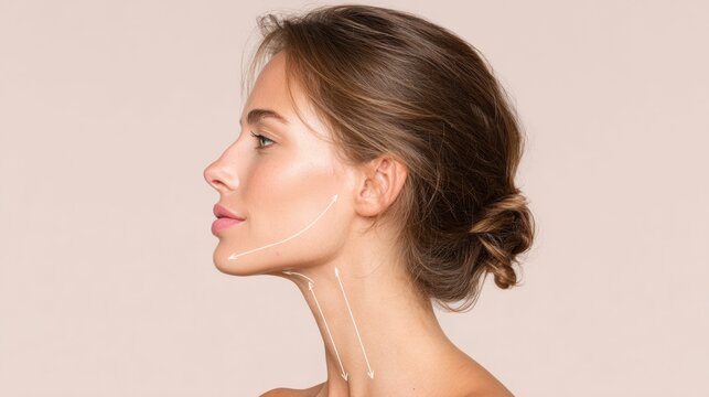 Silhouette of Woman With Jawline Correction Arrows on Pastel Background Highlighting Facial Features and Beauty