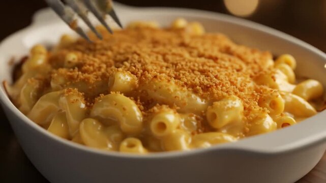 Close up of macaroni and cheese with breadcrumbs being served in a white bowl