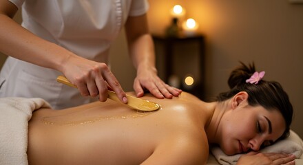 Woman receiving back treatment with wooden tool spa setting