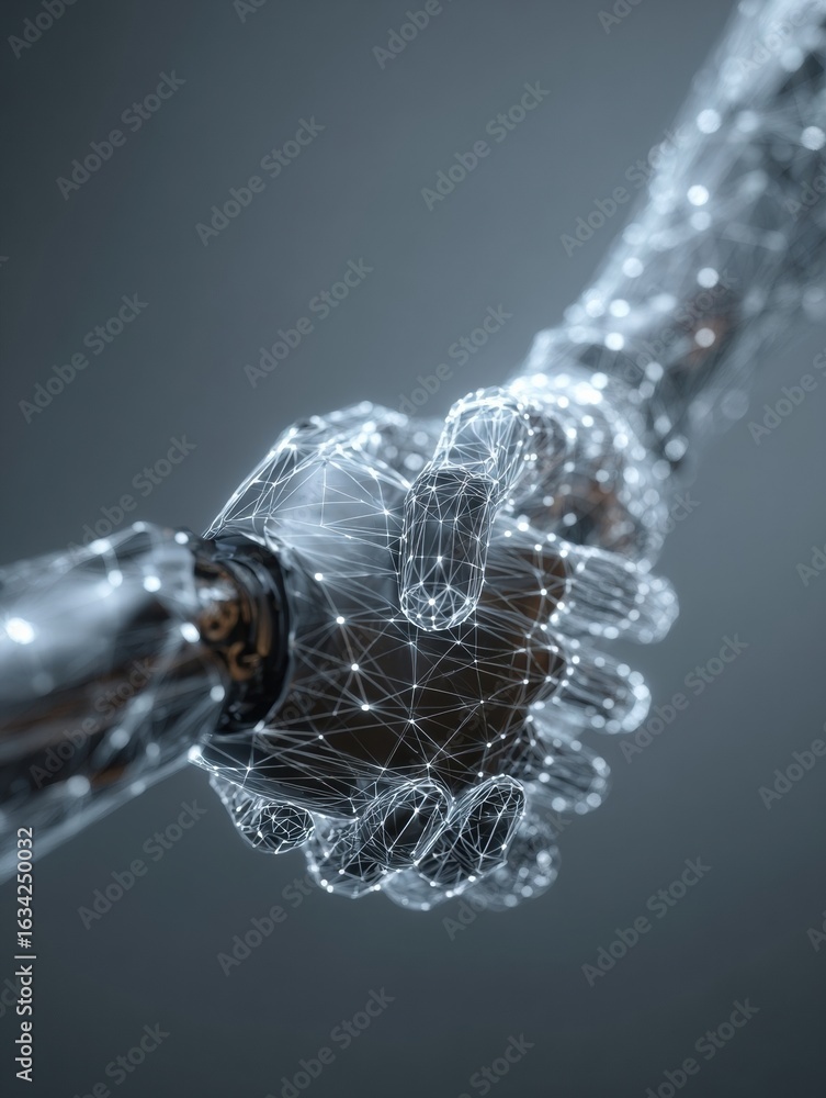 Poster connecting through technology and trust with a digital handshake between human and robotic hands