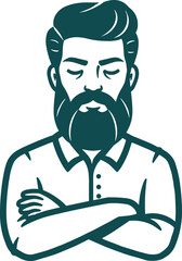Line drawing of a bearded man with mustache wearing a collared button-up shirt, arms crossed in dark green minimalist illustration