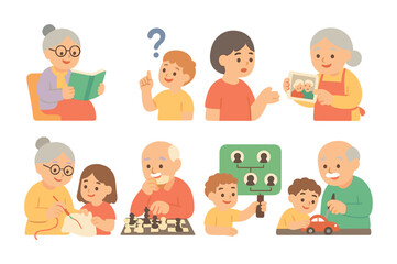 Fototapeta premium Intergenerational Learning Icons. Flat vector mini-illustrations intergenerational learning in colors children