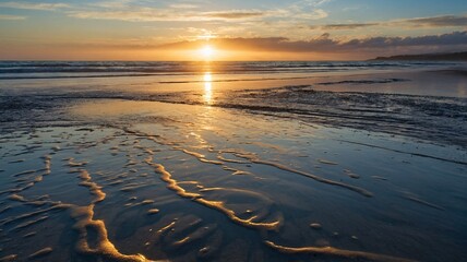 Golden sunset reflecting on a serene beach, showcasing ripples in the wet sand.