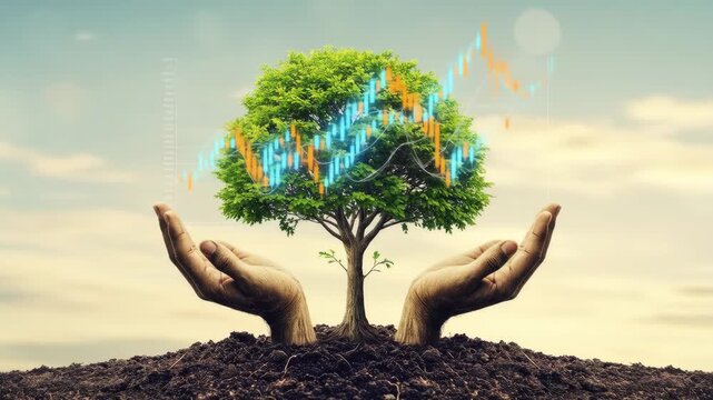 Sustainable Growth and Investment - A lush green tree sprouts from rich soil, cradled by two hands. A superimposed stock market graph shows upward growth, symbolizing the positive correlation between