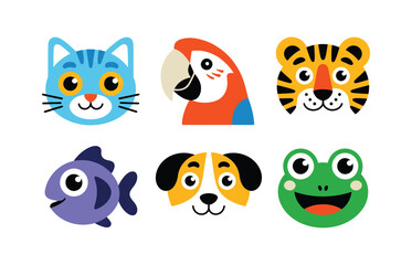 Colorful cartoon animal faces vector set featuring cat, parrot, tiger, fish, dog, and frog – fun and playful illustrations for kids