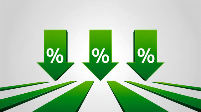 Three green 3D arrows with white percent signs on white background