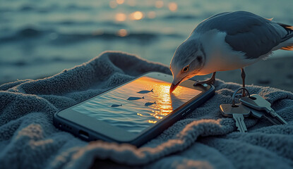 A curious seagull pecks at the smartphone screen.
A seagull (Laridae family) interacts with a smartphone displaying an image of calm waters with silhouettes of fish illuminated by the sunset.