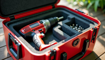 Toolbox with power drill on wooden planks outside, power drill  in red case with bits. Toolbox with power drill contains cordless drill, charger, and various bits.
