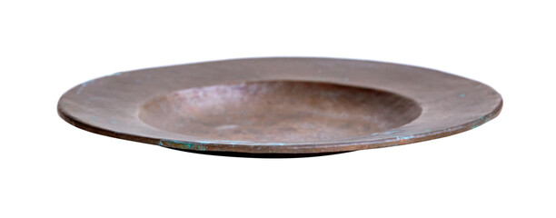 Old copper plate showing patina and corrosion on white background